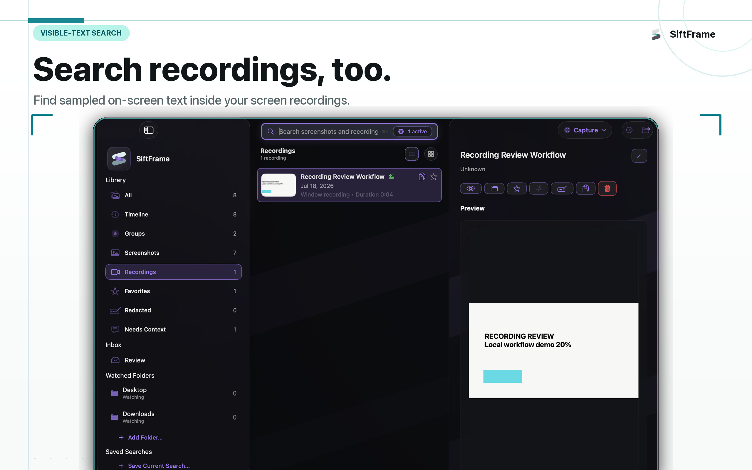 SiftFrame recording detail with searchable sampled frames