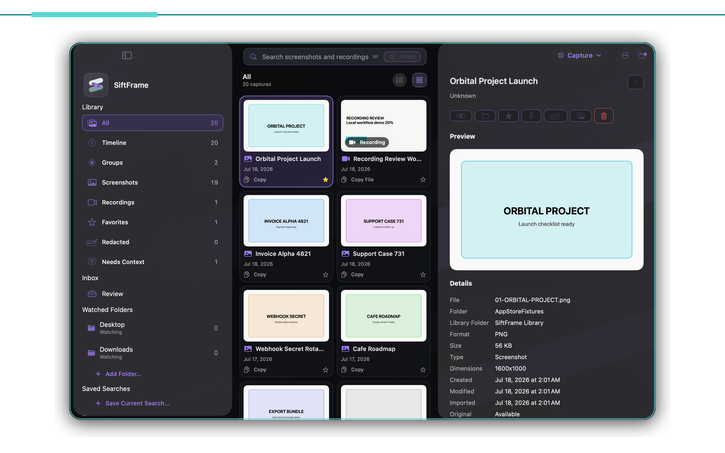 SiftFrame showing a searchable library of screenshots and recordings